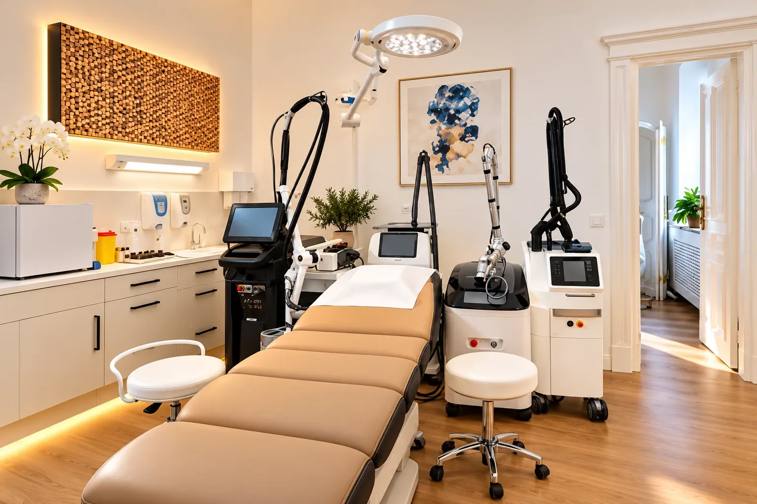 Behandlungsraum mit Behandlungsliege und Lasersystemen