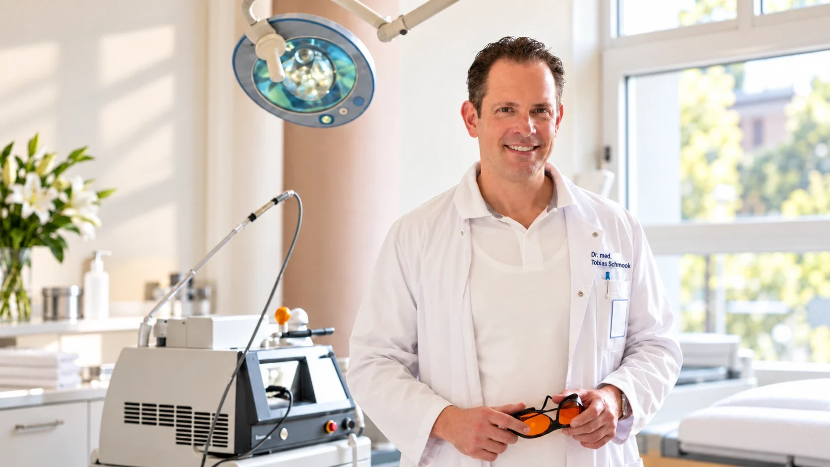 Dr. med. Tobias Schmook im Behandlungsraum mit Lasersystem